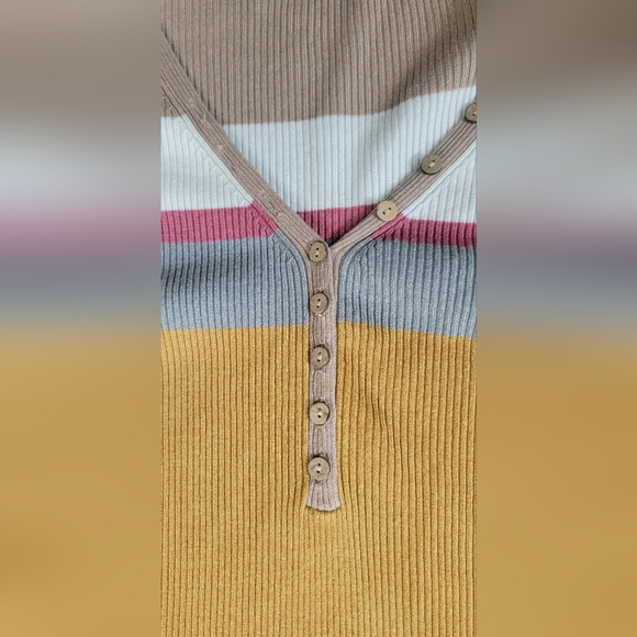 Fate Sweater Ribbed Women's S Yellow & Brown Heanly 1/4 Button Up Long-sleeved - Picture 7 of 12